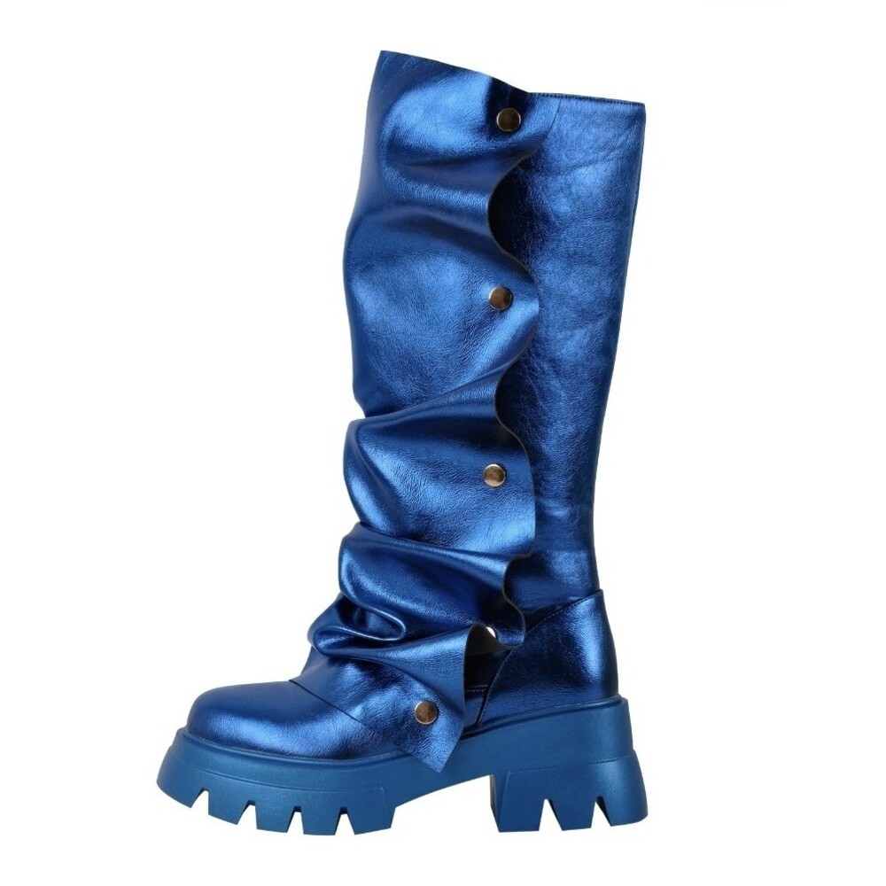 Chunky Metalic Blue  Fold Over Ruched Detach Snap Button Block Goth Boot Y2k